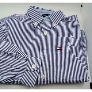 Tommy Hilfiger Boys Blue White Striped Button Down Oxford Shirt Size 6‎ Cotton